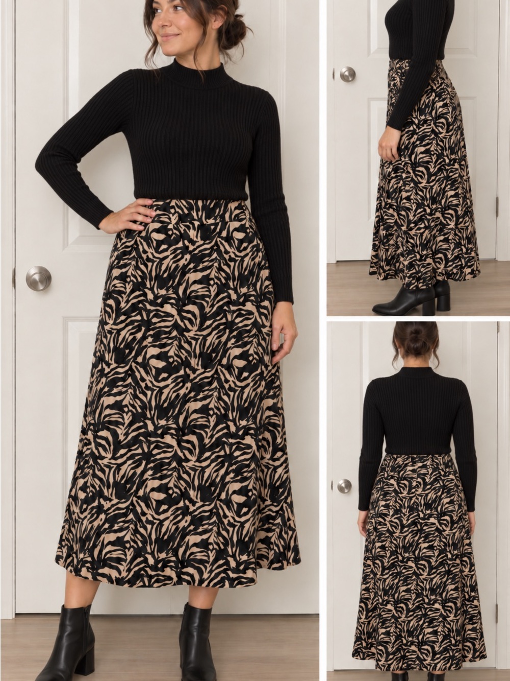 Joe Fresh Black Beige Animal Print A-Line Maxi Skirt Size L